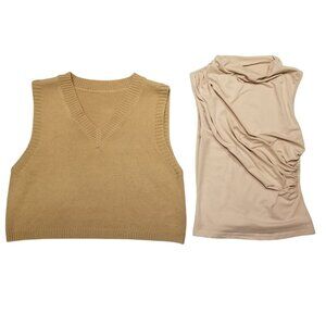 Set of 2 Tank Tops Beige/Brown Small/X-Small Cropped Sweater Vest Shien